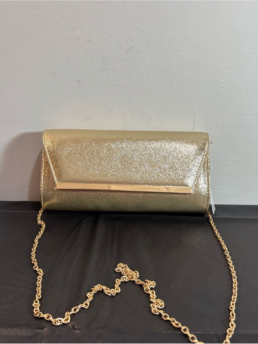 Gold Metallic Evening Clutch with  magnetic clasp Chain Strap. 9/15